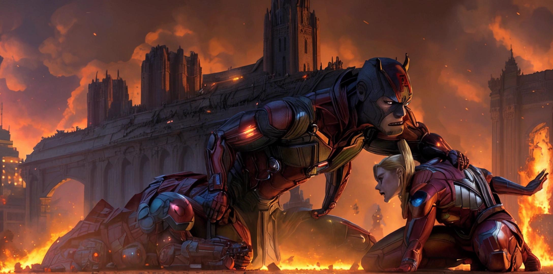 非常detailed,Superhero Waghting Stance,Captain America,Captain Marvel,Iron Man,Thor,Doctor Strange,Ant-Man,Groot,Rocket Raccoon,Spider-Man,Black Panther,Black Widow,Hawkeye,the hulk,Scarlet Witch,Attack each other,Intricate details,There are other superheroes in the distance,The collapsed Grand Plaza,The flames of war,(Perfect lighting, Perfect Shadow, detailed, complex, Reality:1.35),photorealistic