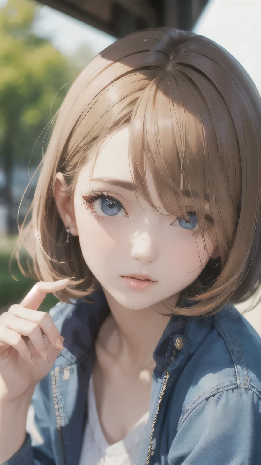 Portraiture,alone,20-year-old,Beautiful Face,Upper Body,Hair on one eye,Short Side Cut Hair, Blonde, Sharp focus,Mine Fujiko