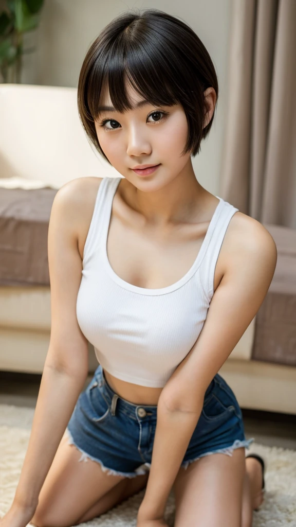 ((Highest quality)), ((masterpiece)), (detailed), There is a woman with short hair wearing a white tank top., Short Hair, Chiho, Yoshitomo Nara, 8K Selfie, Hime cut, Ayaka, With a cute - lovely - face, 白Hime cutヘアスタイル, Girl cute beautiful face, Dilraba Dilmurat, Young and pretty Asian face, full body, all fours