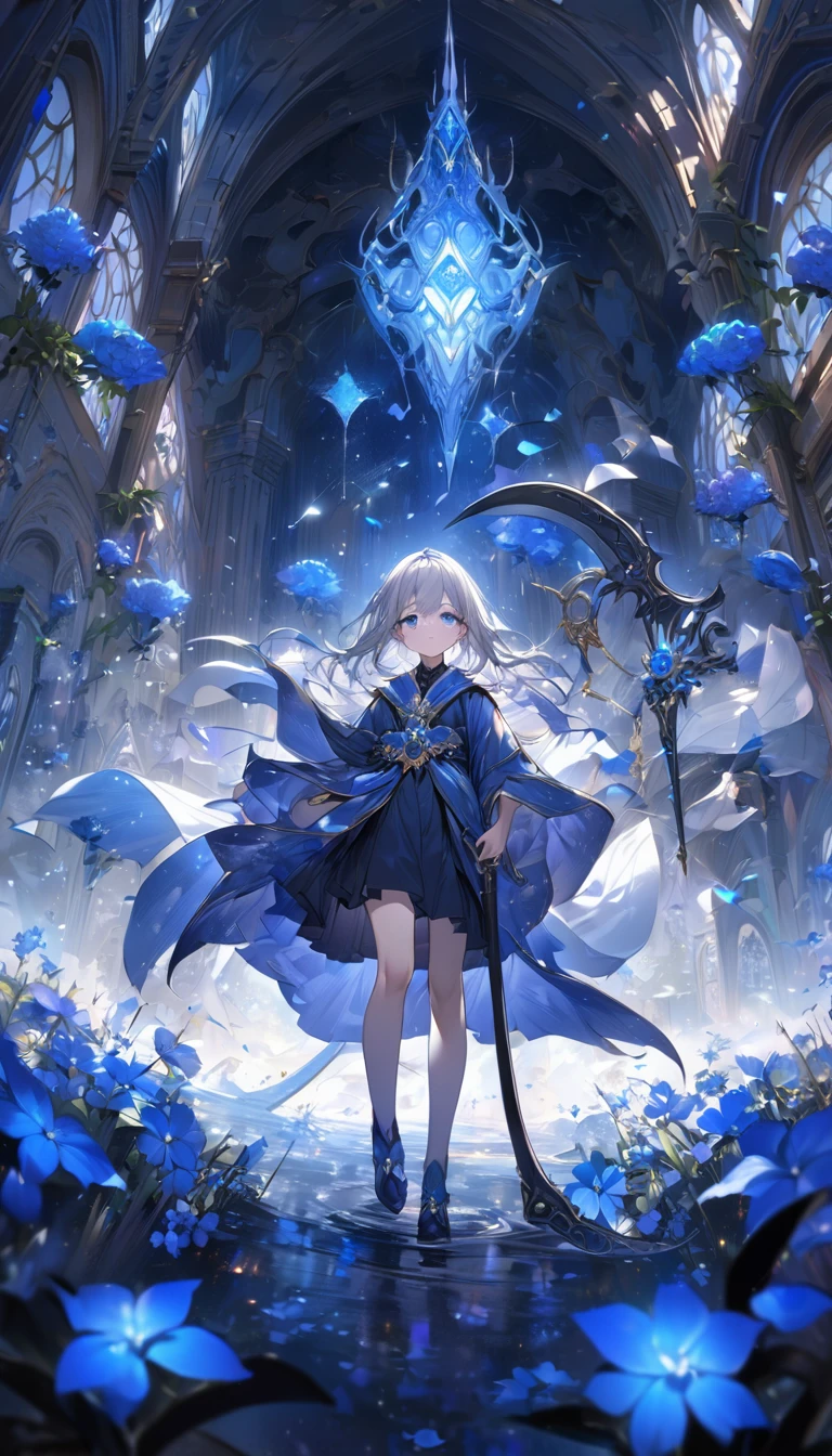 Highest quality,masterpiece,Detailed Details,Super detailed,colorful,The background is dark blue water,Transparency,Use HDR technology to create a sense of depth,beautiful,beautiful自然,Sacred atmosphere,10-year-old girl,Alone,Wearing starry wizard robes,Stand in the center of the screen,The whole body faces this way,Look diagonally forward to the left,holding a scythe,A scythe blade made from a blue gem.,A scythe handle made from a black gem.,Narrow and gentle eyes,mysterious,Long silver hair decorated with blue flowers,Fantasy atmosphere,beautiful虹色の蝶々is flying in the air,Stately