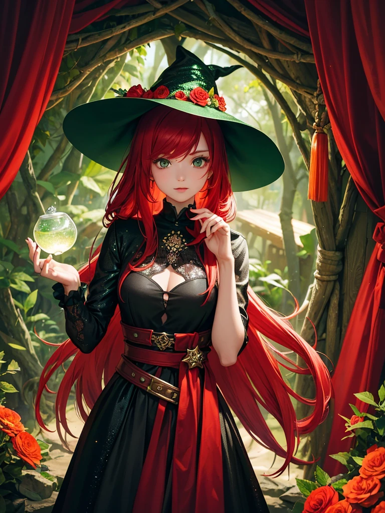 A girl with bright long red hair and green eyes. She holds green magic in her hands and creates blooming flowers from her hands. She is wearing a black sequined dress and has witch hats on her head. Environment, magic room