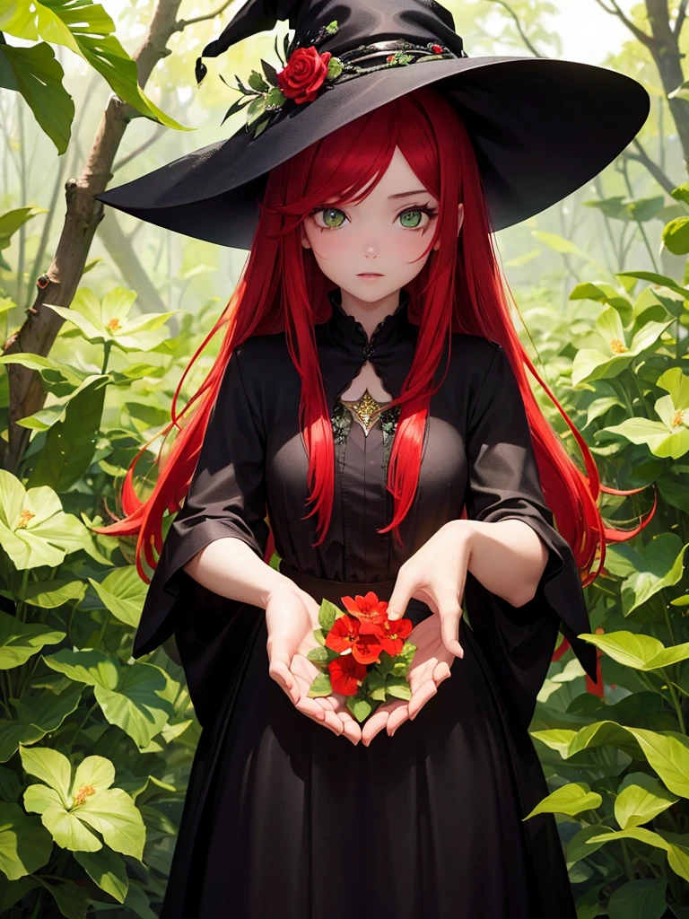 A girl with bright long red hair and green eyes. She holds green magic in her hands and creates blooming flowers from her hands. She is wearing a black sequined dress and has witch hats on her head. Environment, magic room