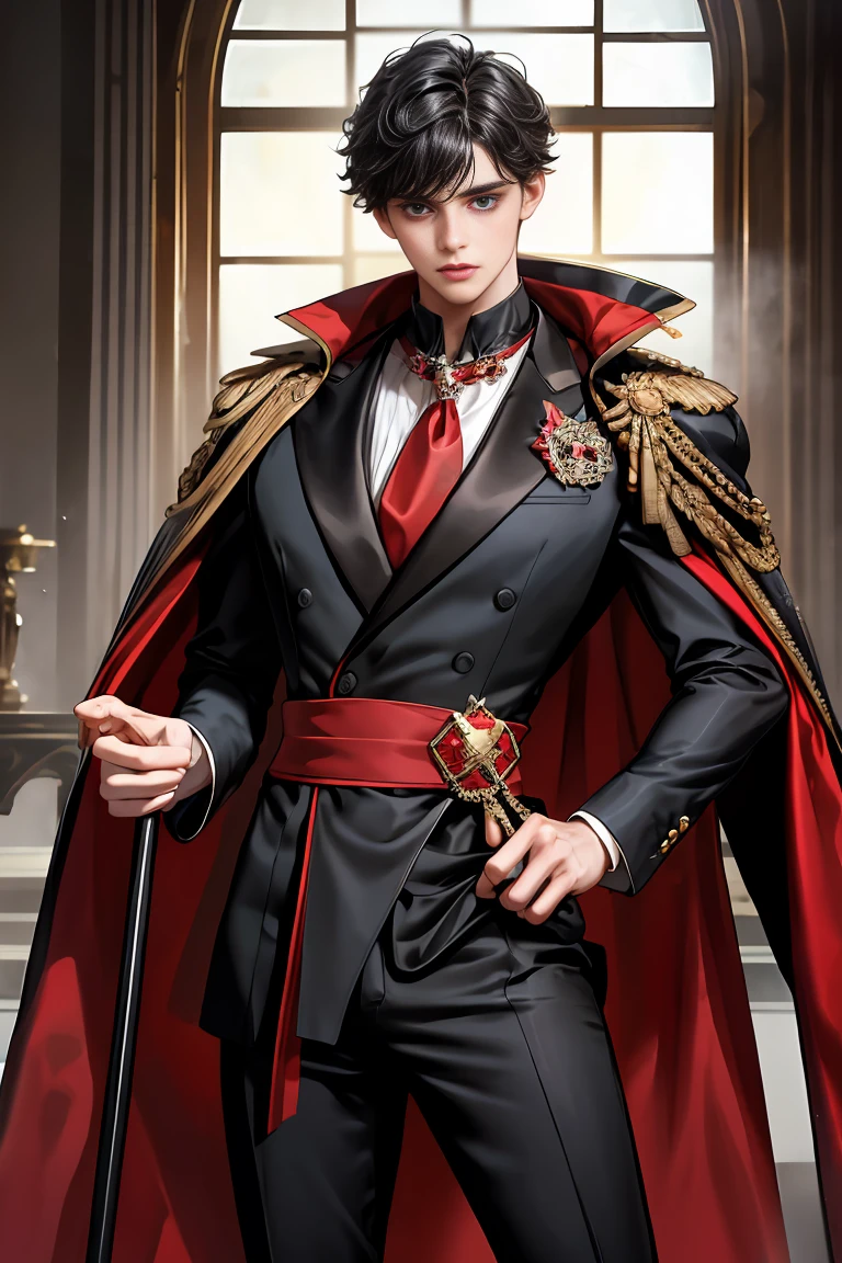 masterpiece, 最high quality, high quality, 1 boy, alone, Male focus, Watching the audience, Messy black hair, Adorable big blue eyes, White people, Noble, Noble,Sexy voluminous black and red cape、Tuxedo、A very voluminous, large, very large, very large, long, long red and black cape with a high stand-up collar, reaching down to the floor, made of a lot of fabric., 17 years old,Cute beautiful boys,Cute, cute, kind, handsome guy