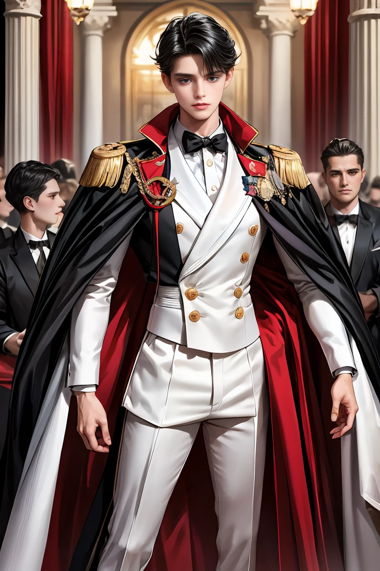 masterpiece, 最high quality, high quality, 1 boy, alone, Male focus, Watching the audience, Messy black hair, Adorable big blue eyes, White people, Noble, Noble,Sexy voluminous black and red cape、Tuxedo、A very voluminous, large, very large, very large, long, long red and black cape with a high stand-up collar, reaching down to the floor, made of a lot of fabric., 17 years old,Cute beautiful boys,Cute, cute, kind, handsome guy