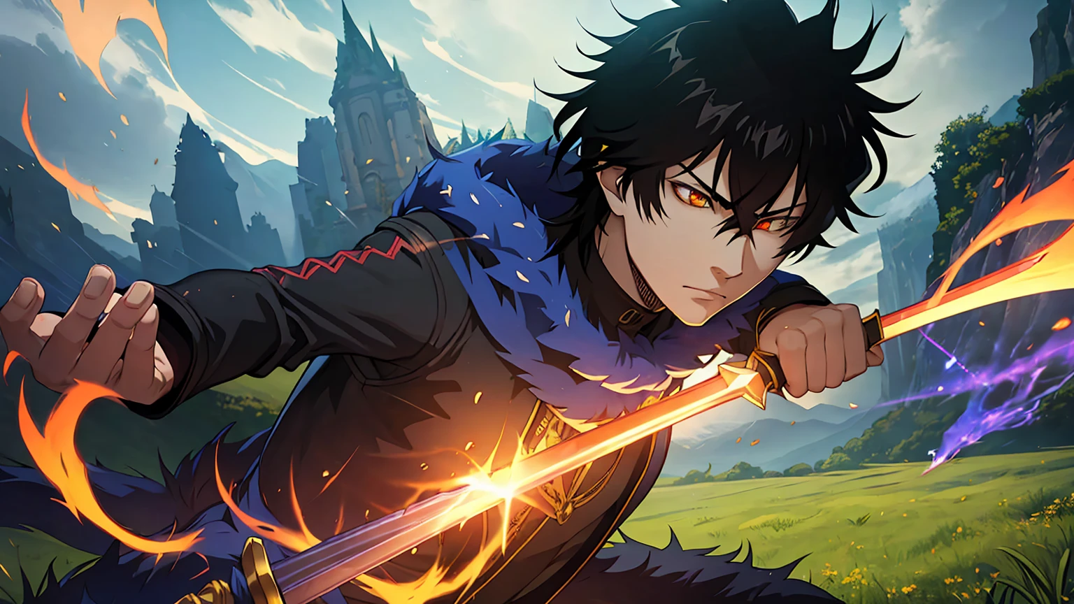 A powerful anime-style character with spiky black hair, intense expression, and wielding an anti-magic sword, training in a lush green field, book of anti-magic in the background, (best quality,4k,8k,highres,masterpiece:1.2),ultra-detailed,(realistic,photorealistic,photo-realistic:1.37),extremely detailed face and eyes,extremely detailed sword,extremely detailed magical effects,cinematic lighting,vibrant colors,dynamic pose,dramatic shadows,fantasy,dark fantasy,action,adventure