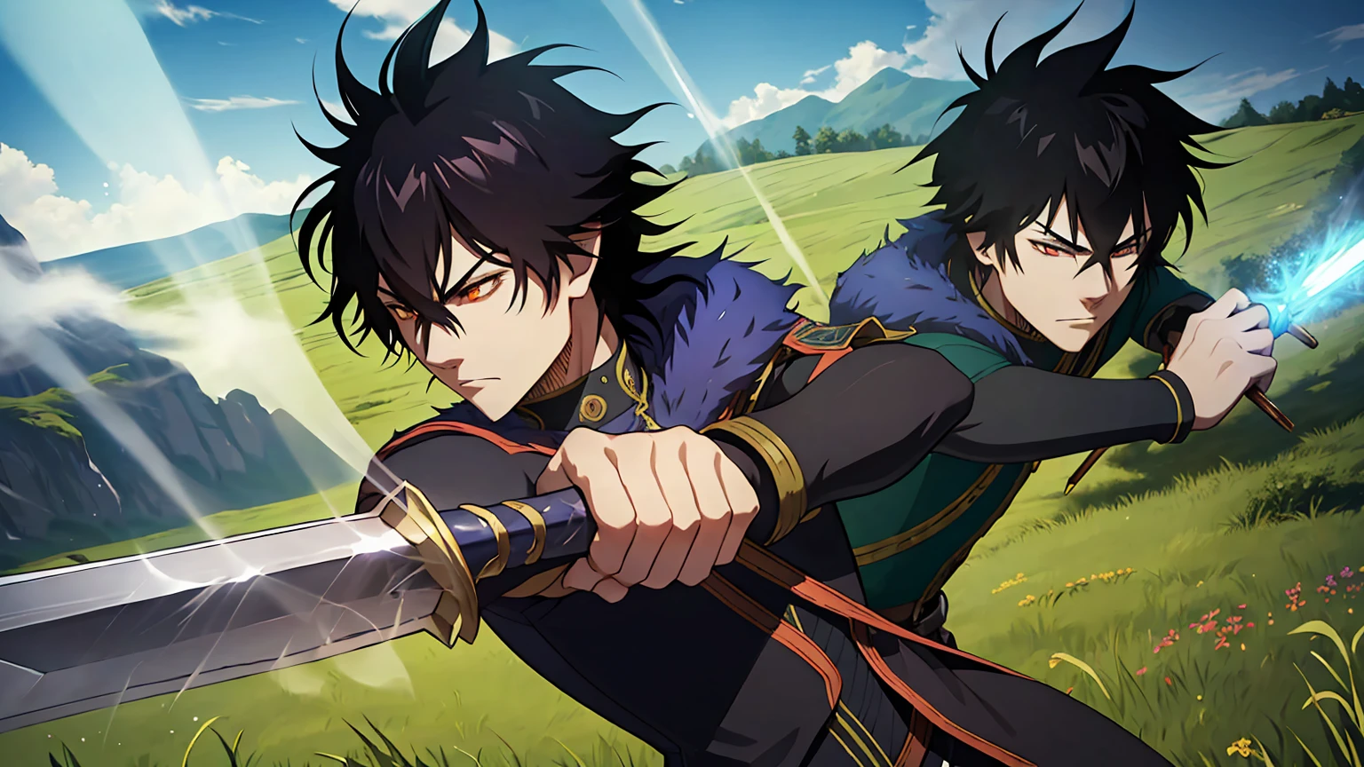 A powerful anime-style character with spiky black hair, intense expression, and wielding an anti-magic sword, training in a lush green field, book of anti-magic in the background, (best quality,4k,8k,highres,masterpiece:1.2),ultra-detailed,(realistic,photorealistic,photo-realistic:1.37),extremely detailed face and eyes,extremely detailed sword,extremely detailed magical effects,cinematic lighting,vibrant colors,dynamic pose,dramatic shadows,fantasy,dark fantasy,action,adventure