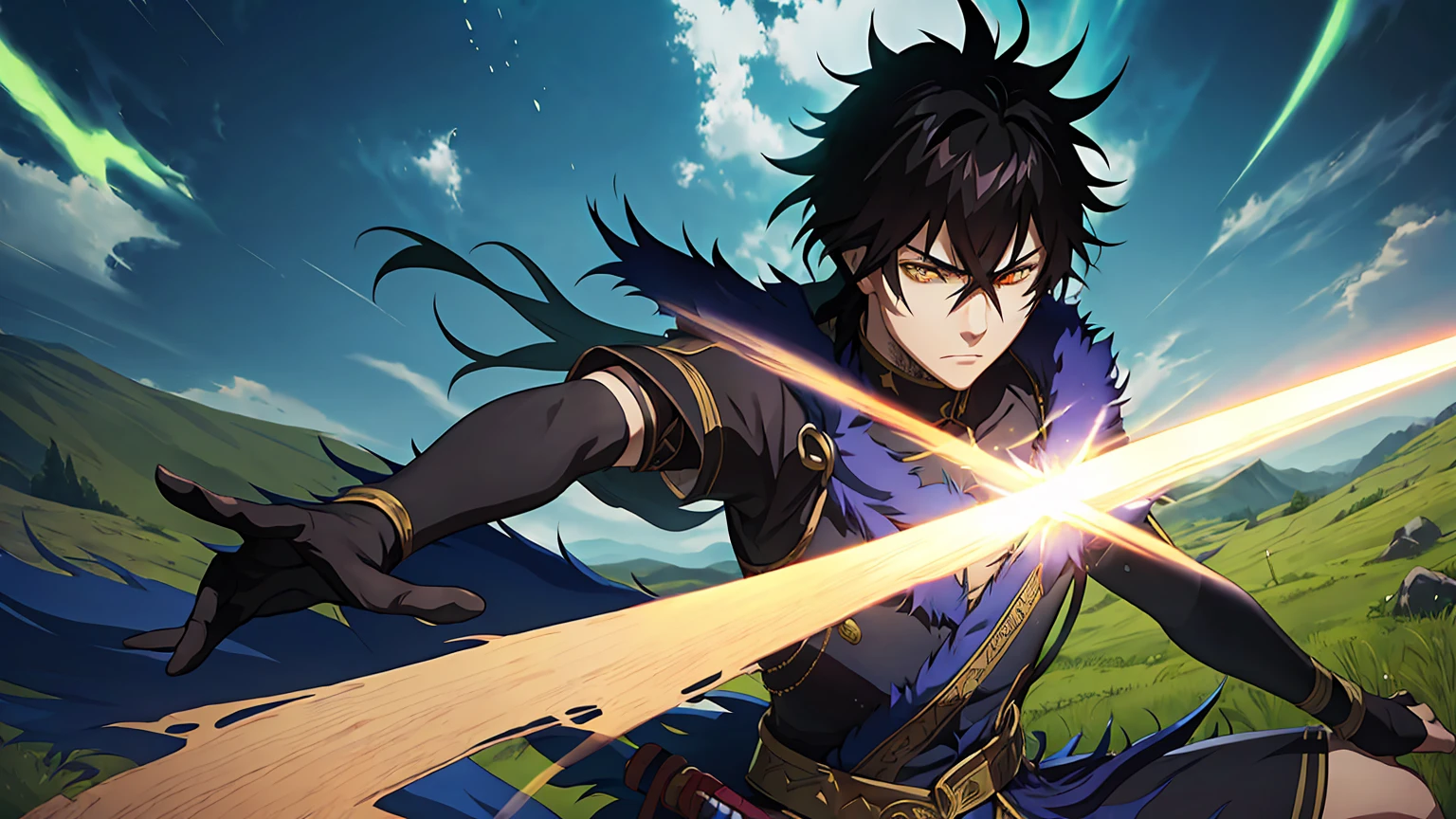 A powerful anime-style character with spiky black hair, intense expression, and wielding an anti-magic sword, training in a lush green field, book of anti-magic in the background, (best quality,4k,8k,highres,masterpiece:1.2),ultra-detailed,(realistic,photorealistic,photo-realistic:1.37),extremely detailed face and eyes,extremely detailed sword,extremely detailed magical effects,cinematic lighting,vibrant colors,dynamic pose,dramatic shadows,fantasy,dark fantasy,action,adventure