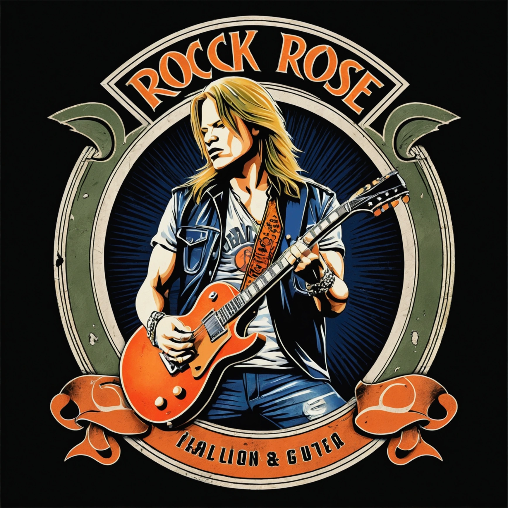 Create a vintage poster of Rock singer "Axel Rose", from the rock band Guns and Roses, destroying a guitar, with soft tones, no background, using nostalgic illustration techniques. A retro design in an old typography and worn textures." The-shirt vector, 2D art, vector; Shading and gradients, Art Nouveau, vibrant colors and synthwave. Vector design, thin lines, central composition, soft background, palette (dark blue , orange, red, olive green), watercolor logo style with printed effect, monochrome background, from yukisakura, with original and incredible colors.