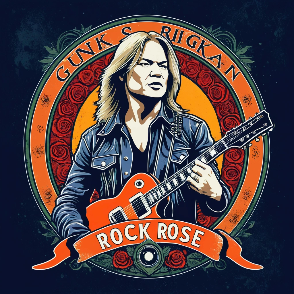 Create a vintage poster of Rock singer "Axel Rose", from the rock band Guns and Roses, destroying a guitar, with soft tones, no background, using nostalgic illustration techniques. A retro design in an old typography and worn textures." The-shirt vector, 2D art, vector; Shading and gradients, Art Nouveau, vibrant colors and synthwave. Vector design, thin lines, central composition, soft background, palette (dark blue , orange, red, olive green), watercolor logo style with printed effect, monochrome background, from yukisakura, with original and incredible colors.