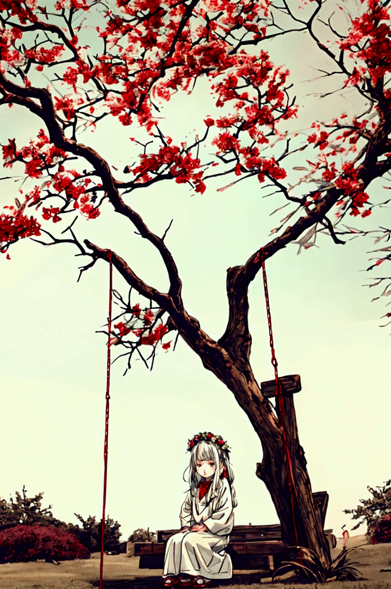 with white hair,With a garland on the head,The wreath is attached with red hairbands on both sides,Sitting on the swing,There is a grave under the swing,Looking down at the grave
