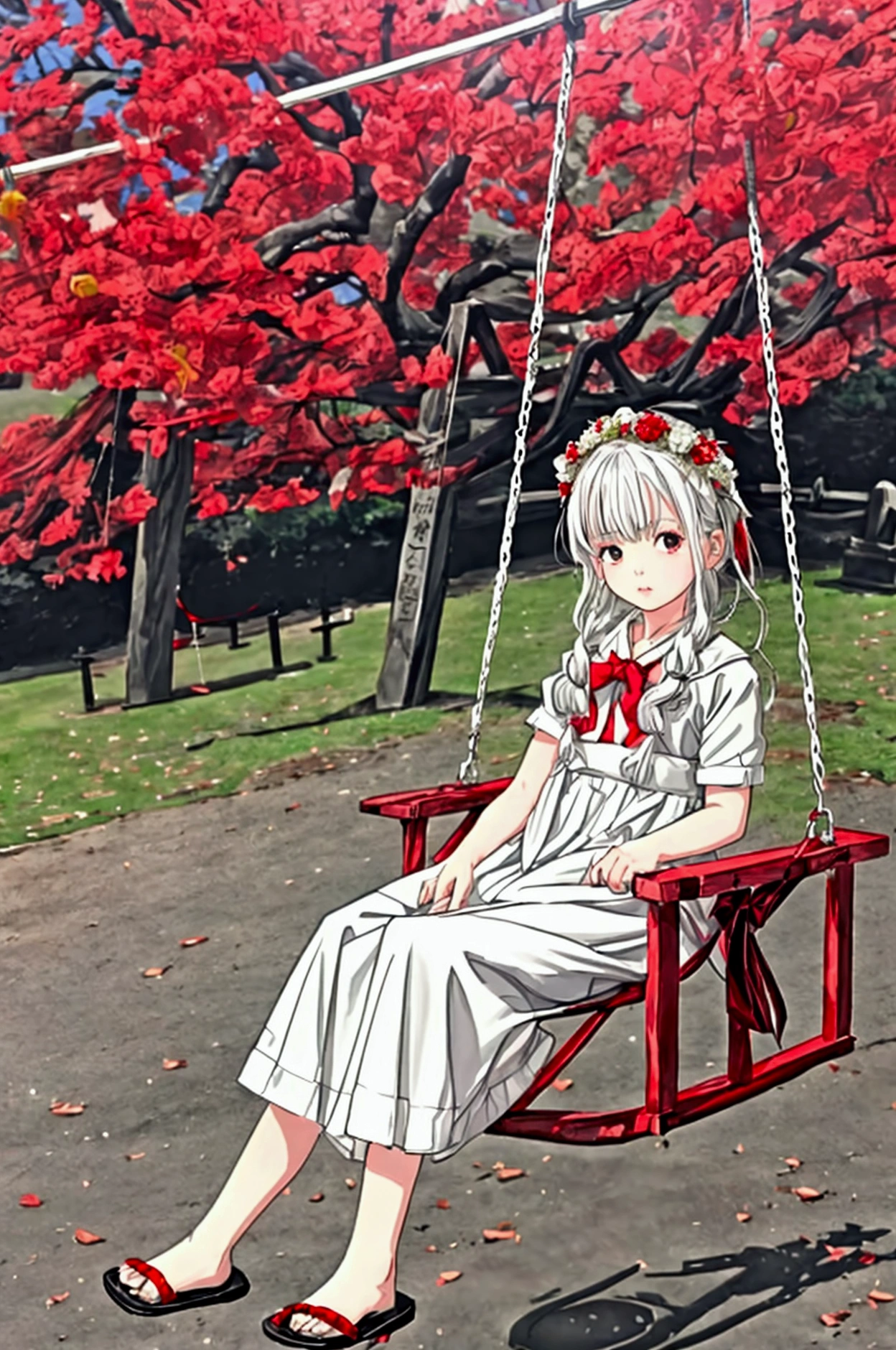with white hair,With a garland on the head,The wreath is attached with red hairbands on both sides,Sitting on the swing,There is a grave under the swing,Looking down at the grave