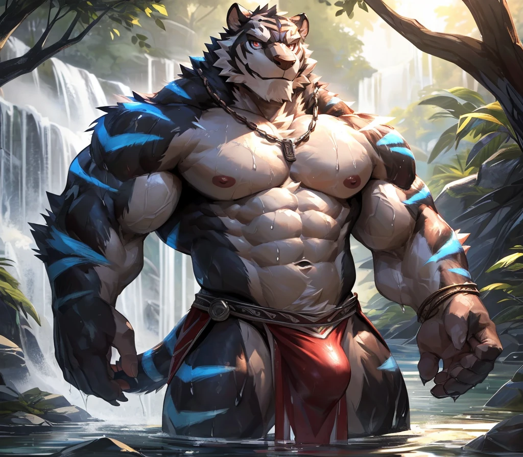 ((best quality)), ((masterpiece)), (ultra detailed), perfect face,(sharp eyes),sharp focus,(artist: lindong, null-ghost, dangpa, gamma_g, kulplant), (male antro black tiger):2.0, ((blue stripes)), ((black body)), ((white belly)), (tiger ears, tiger tail), (sharp eyes) ,ultra-detailed eyes, (Beautiful and delicate eyes), ((red crimson):0.1 eyes), ((white sclera)), ((fluffy fur, fluffy, furry body)),((long white loincloth), with yellow pattern):0.8, muscular male , (wearing random pattern necklace), smile, (bulge), reflection, sexy body, middle-age, strong, looking at view, (((sfw:1.5))), (( abs, strong muscle, 8 pack)), shirtless, tougue out, claw, pink nipples, handsome,(Great physique),strong arms man, majestic, barbarous, handsome, sweating:1.8, anime, forest next to the waterfall, near waterfall, drenched,wet,naked,serene,peaceful,glistening sunlit water,gentle ripples,on the riverbank,lush greenery,tall trees and dense foliage,clear blue sky,tranquil atmosphere,vivid colors, night, a blue moon, dim light, drenched, wet body:0.7