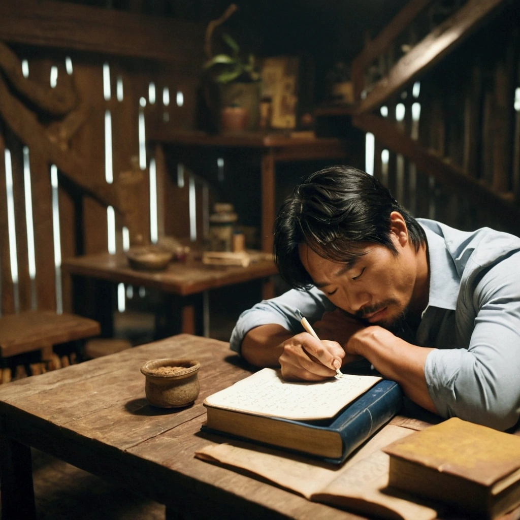 arafed man writing on a book while sitting at a table, still from a live action movie, movie still of a tired, still from the movie, award winning movie still, korean artist, film still from the movie, inspired by Kim Eung-hwan, award winning cinematic still, scene from live action movie, writing a letter, film still of manny pacquiao