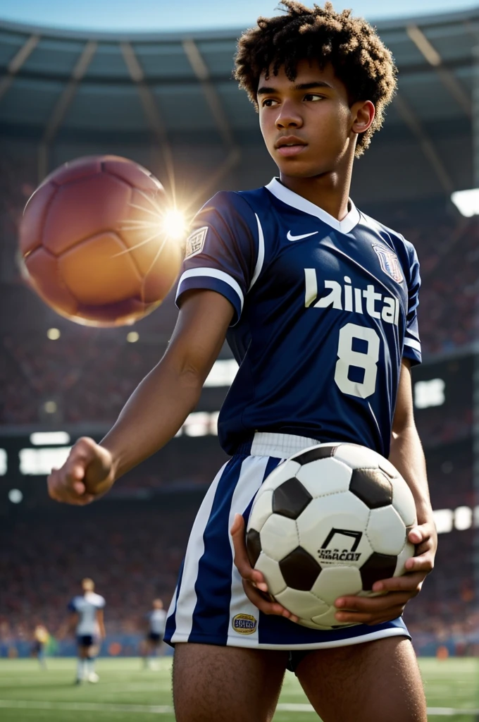 masterpiece: close-up an 18-year-old man, dressed in a soccer team's jersey and a mini skirt, plays with a regulation ball. background: a football stadium with the stands full of people. maximum detail. photographic quality. halogen light. , low-angle shot, extreme close-up, warm color grading, silhouette