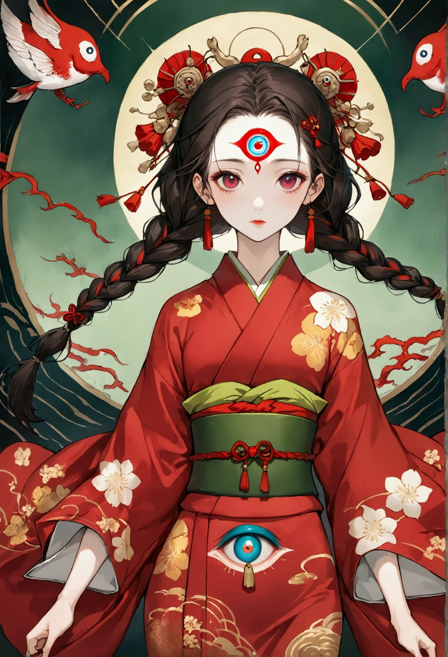 Art Illustration，Dark Style，(((1 Girl，Double braid，独奏，third eye on the forehead，))),(((Gorgeous Japanese red kimono：1.6，Eye Diagram，Dark Pattern))).(((Thin waist，Greenbelt：1.37)))whole body