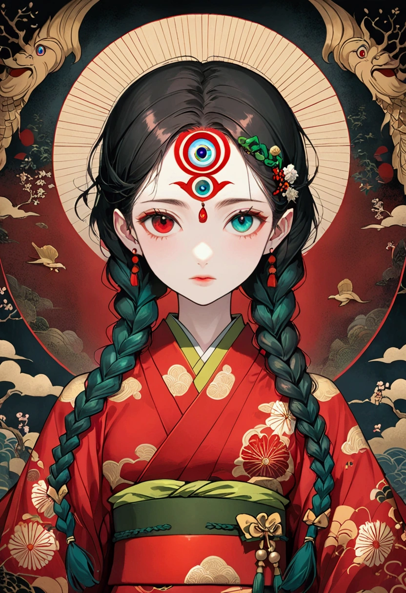 Art Illustration，Dark Style，(((1 Girl，Double braid，独奏，third eye on the forehead，))),(((Gorgeous Japanese red kimono：1.6，Eye Diagram，Dark Pattern))).(((Thin waist，Greenbelt：1.37)))whole body