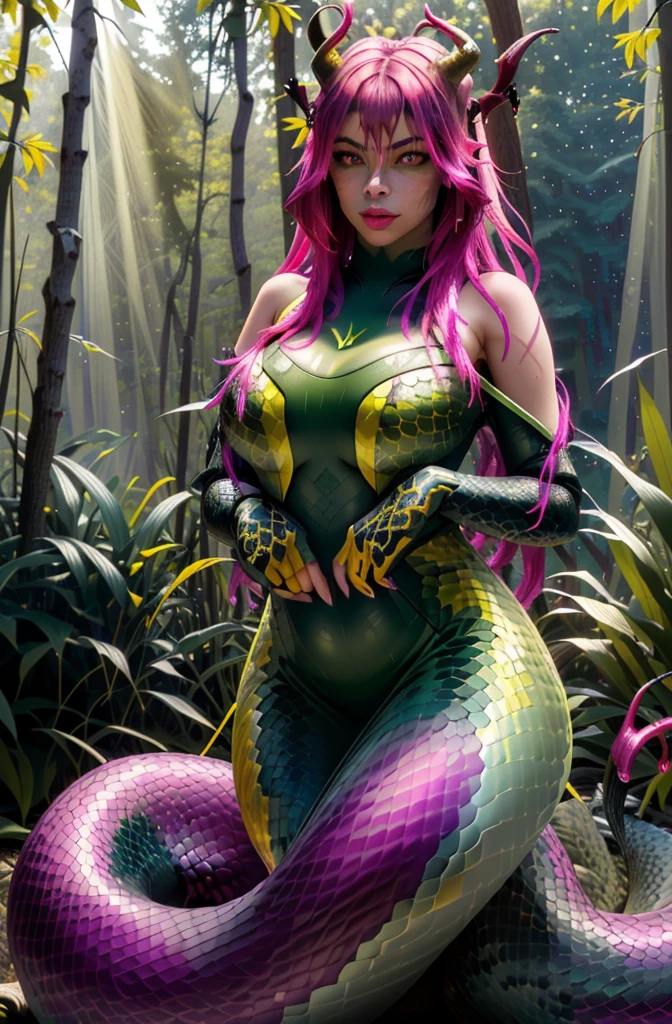 detailed snake skin, (adult), just concentrate, (lamia), stoic, beautiful monster girl, red horns, wide hips, beautiful eyes, beautiful background, abandoned cabin, the forest, light particles, Sun rays, dramatic lighting, outside, grass, leaves, бthe forestтящий (yellow, Fuchsia, green gradient:1.5), realistic, masterpiece, Best quality, ultra-detailed, detailed, landscape, beautiful detailed eyes, detailed hair, surrealism, Hipperrealism, hd, cinematic, movie quality rendering 