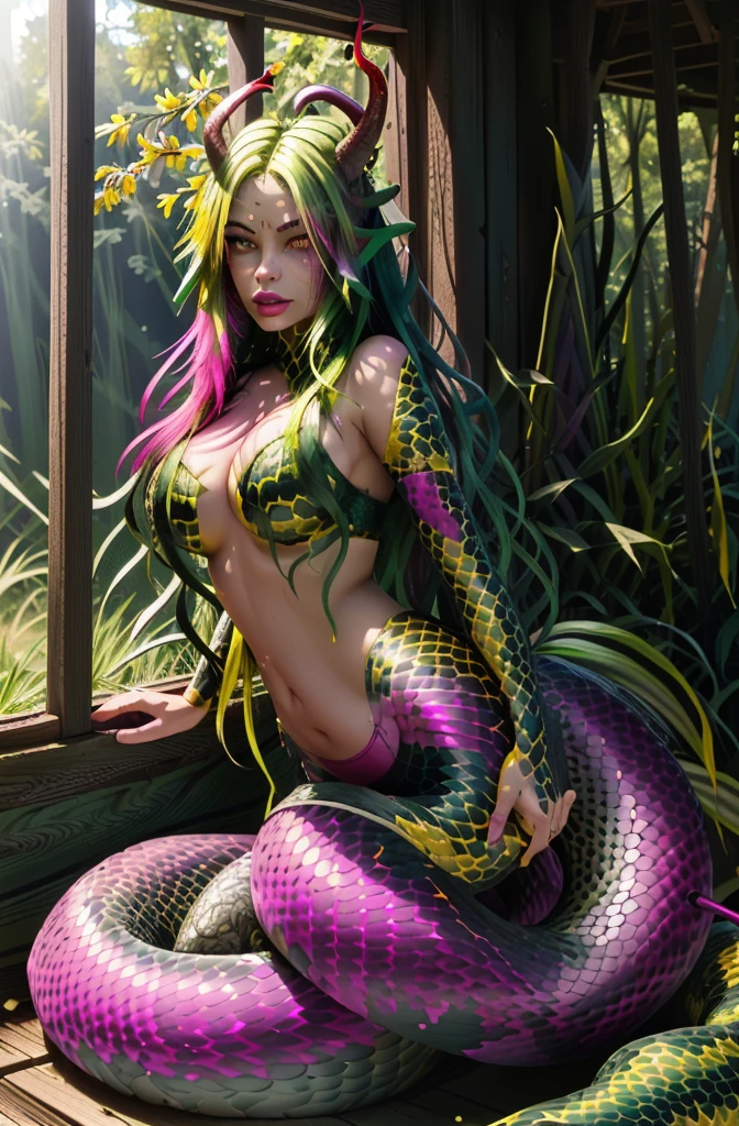 detailed snake skin, (adult), just concentrate, (lamia), stoic, beautiful monster girl, red horns, wide hips, beautiful eyes, beautiful background, abandoned cabin, the forest, light particles, Sun rays, dramatic lighting, outside, grass, leaves, бthe forestтящий (yellow, Fuchsia, green gradient:1.5), realistic, masterpiece, Best quality, ultra-detailed, detailed, landscape, beautiful detailed eyes, detailed hair, surrealism, Hipperrealism, hd, cinematic, movie quality rendering 