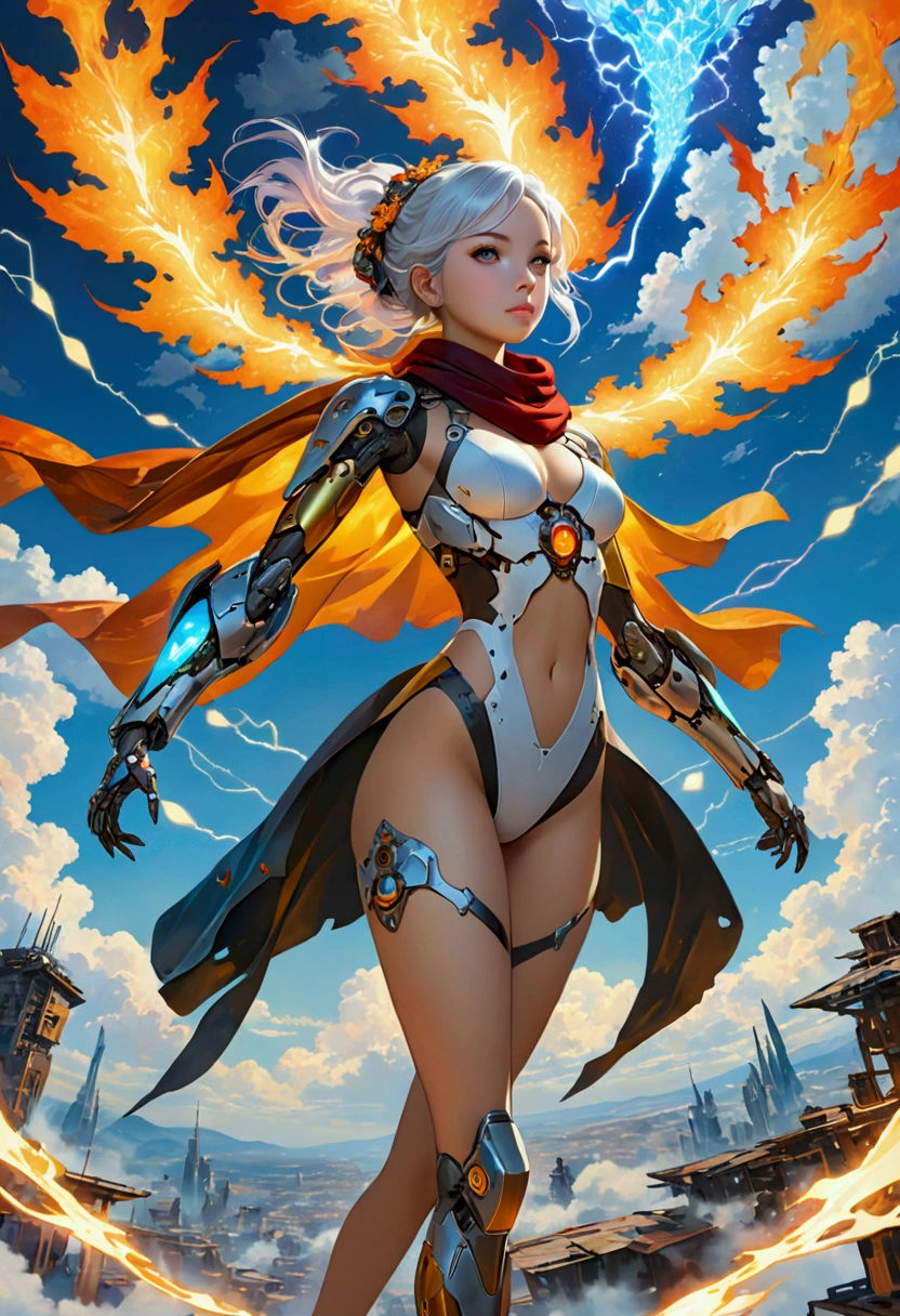 A beautiful girl wearing a cyberpunk-style mecha flying in the sky, cape, scarf, Long legs, Long white hair,Hair accessories, electricity,flame,ice,gem,cloud, Metal Material,Wood texture, Depth of Field, Blurred background,A fusion of aesthetics and dynamics,Wide-angle lens ,(masterpiece, Top quality, best quality, Official Art, beautiful and aesthetic:1.2), Fractal Art, rich and colorful, Glowing skin,