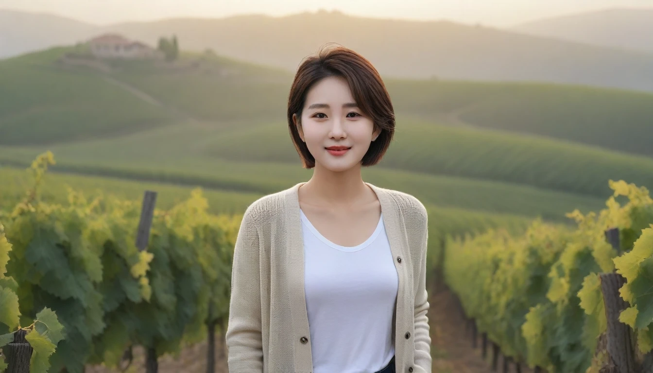 8k realistic, lifelike photo,, 36 year old Korean woman, Short in stature, pretty like a model. front view, White shirt and short cardigan, casual pants, short medium hair, Smiley, Italy. vineyard, thick dawn fog. vineyard 지나 짙은 안개 속으로 저 멀리 성당이 보인다. Full body shot from afar with a wide angle lens , 1 woman, Short in stature, looking at the camera, Excellent picture quality, The morning fog is thick.