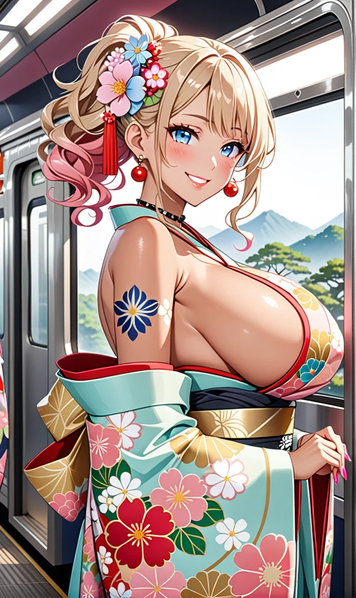 ultra-detailed, ((one girl)), (portrait), (tan skin:1.4), in pastel colors gyaru, (heavy makeup), (professional lighting) hyper detailed, absurdres, 8k, Beautiful Face, (Laugh shyly), ((teasing smile:1.5)), ((happy smile:1.5)),  ((Wink:1.6)), (Laugh with your mouth wide open),((Tilt your face:1.6)), View your viewers, ((Bright red cheeks:1.6)), Glossy shocking pink lips, ((huge breasts:1.6)),  ((undressing:1.3)),  ((Her tattoo peeked through her kimono:1.1)), noon, summer, on the train, Anime style background)),masterpiece, Highest quality, (Brighten your face), so beautiful,Latest, Complex details, ((fluorescent pink long nail:1.2)), (ring),((bracelet)), ((Floral choker)),AI-generated, Complex,High resolution, Highest quality, super high quality,3D Images、3D Images,One person, Blonde long hair ,(High Ponytail), (wavy hair:1.4), Anime woman posing for a photo, ((Fine grain、blue eyes、glowing eyes:1.4)), (Squint your eyes:1.1),a hyperRealistic , hyperRealistic , Realistic,Long blonde anime woman, Smooth anime CG art, A girl in a gorgeous pastel-colored kimono, ((Pastel-colored furisode)),(Pink large floral pattern),  (sideboob), Long flower hair ornament,Big earrings, Mature Body, tall,Narrow waist,  (upper body), 