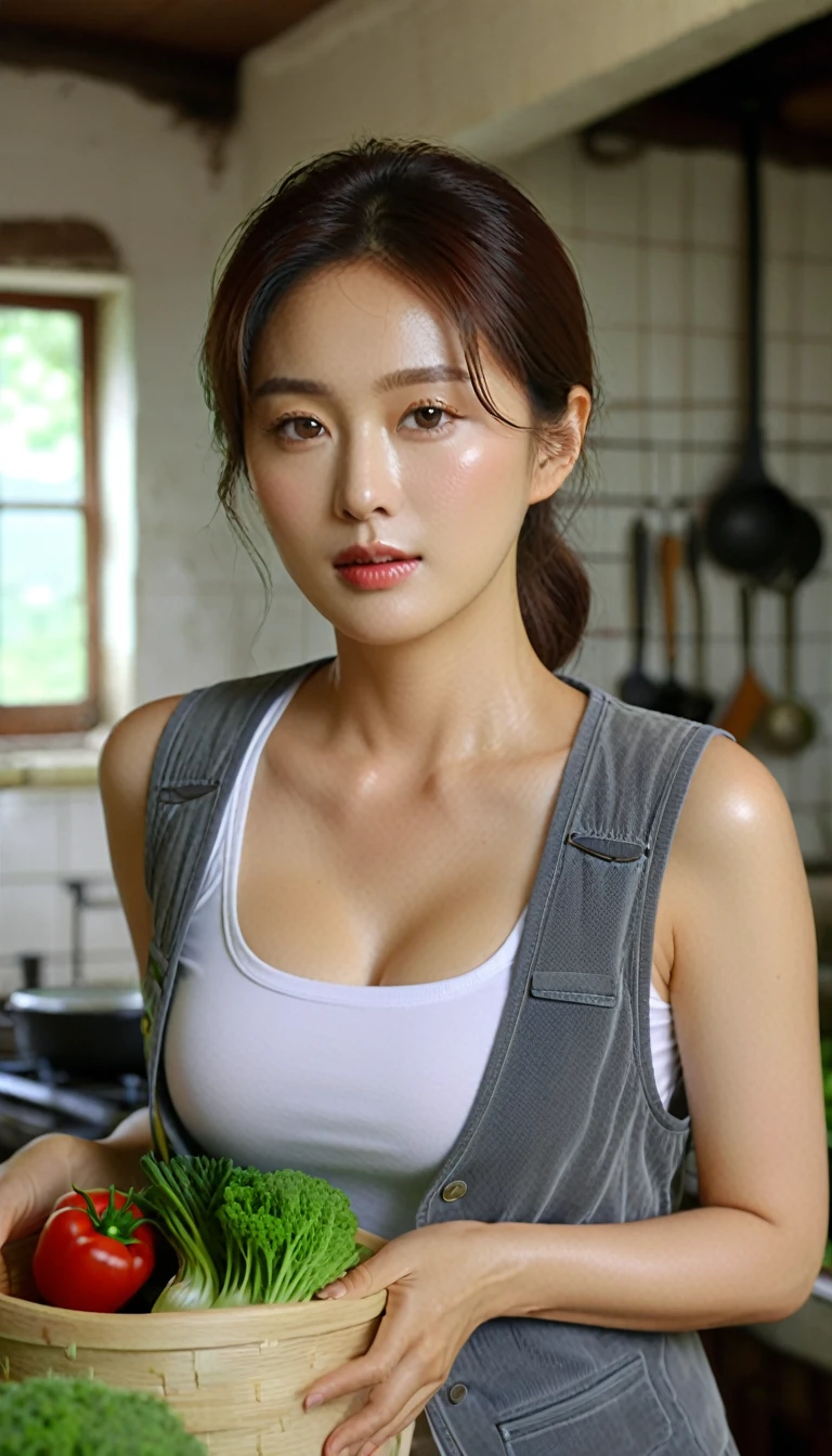 Close up of beautiful Korean woman, 34 inch chest size, Wearing a vest,Sweaty， Take the vegetables, In the old kitchen, Scenery background, Ultra HD 