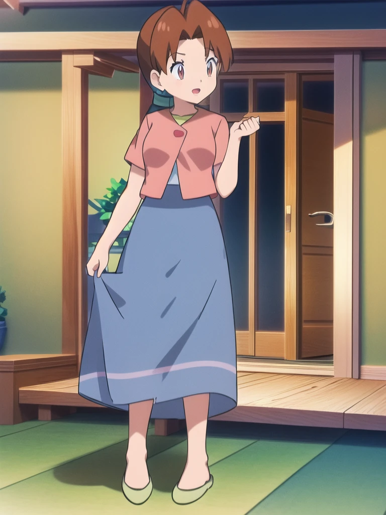 Delia_Ketchum 1girl, full body, looking at viewer, :d, open mouth, (extremely detailed CG unity 8k wallpaper), (masterpiece), (best quality), (ultra-detailed), (best illustration), (best shadow), (absurdres), finely detail, skirt, shirt, blue skirt, long skirt, pink shirt, slippers,