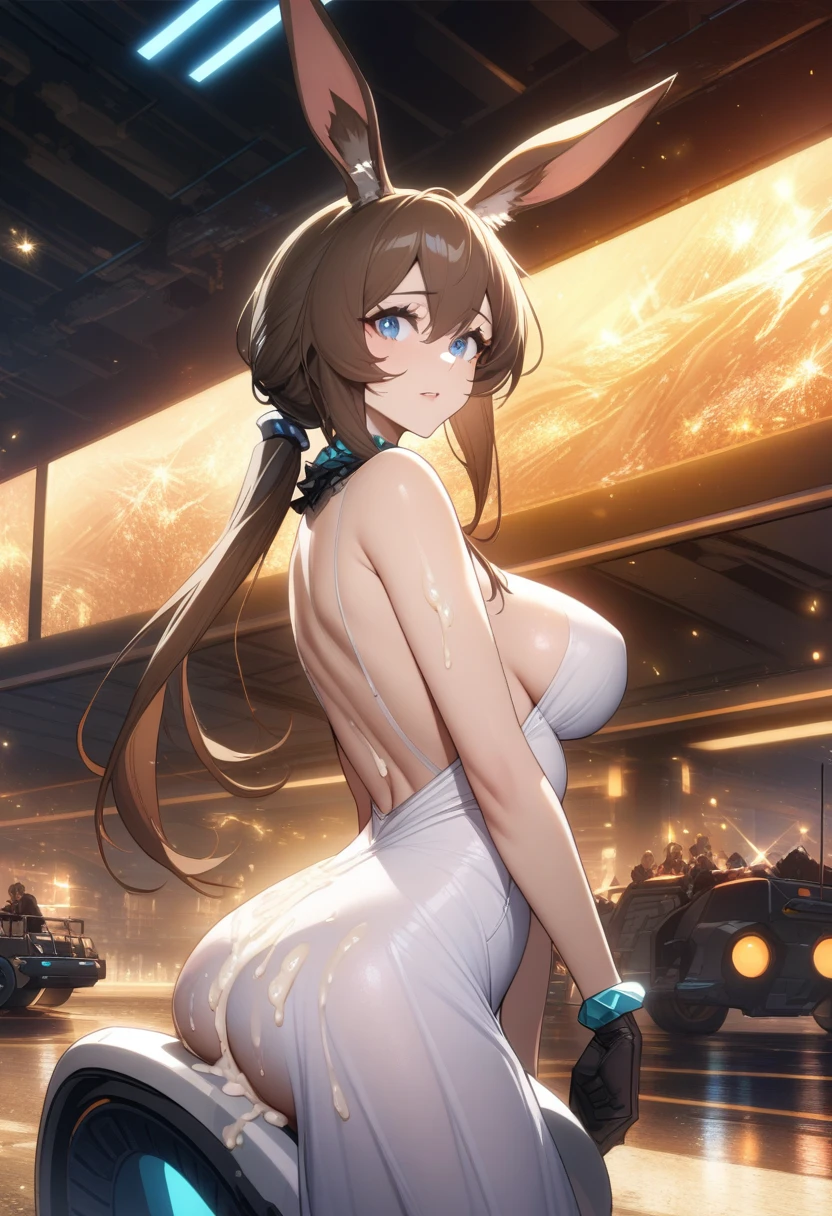 masterpiece, best quality, very aesthetic, absurdres, 1girl, mature_lady,white_dress,(cum_on_body:1.3),,amiya_(arknights), animal ears, rabbit ears, blue eyes, brown hair, tight medium hair, half-up, long ponytail,,in recreational machine hall,glowing stardust frontground,fantasy,sparkling,fireflies,