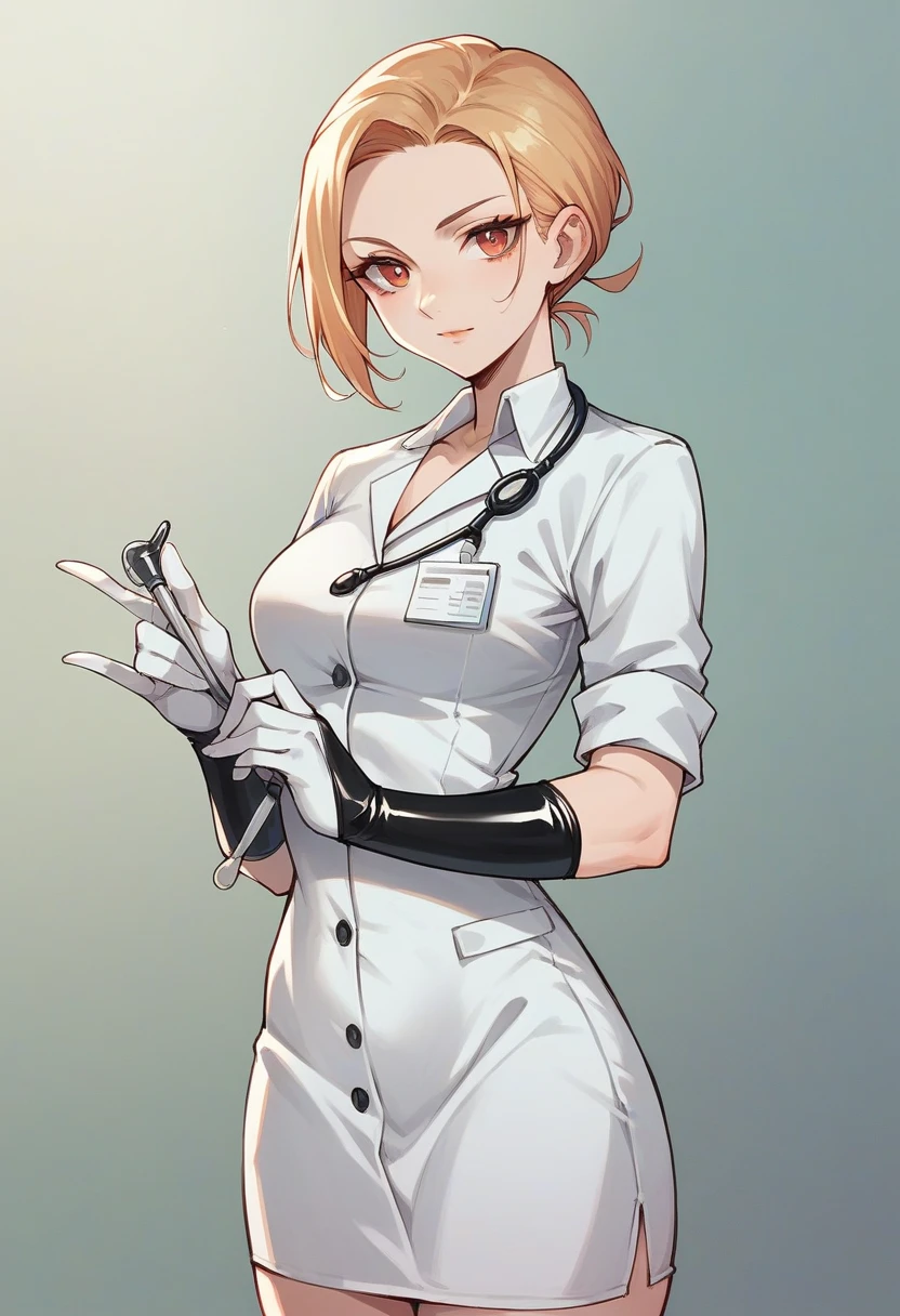 1girl, ((white elbow gloves)), ((surgical gloves)), ((latex gloves)), ((long sleeves)), ((black doctor outfit)), looking at viewer, standing, solo