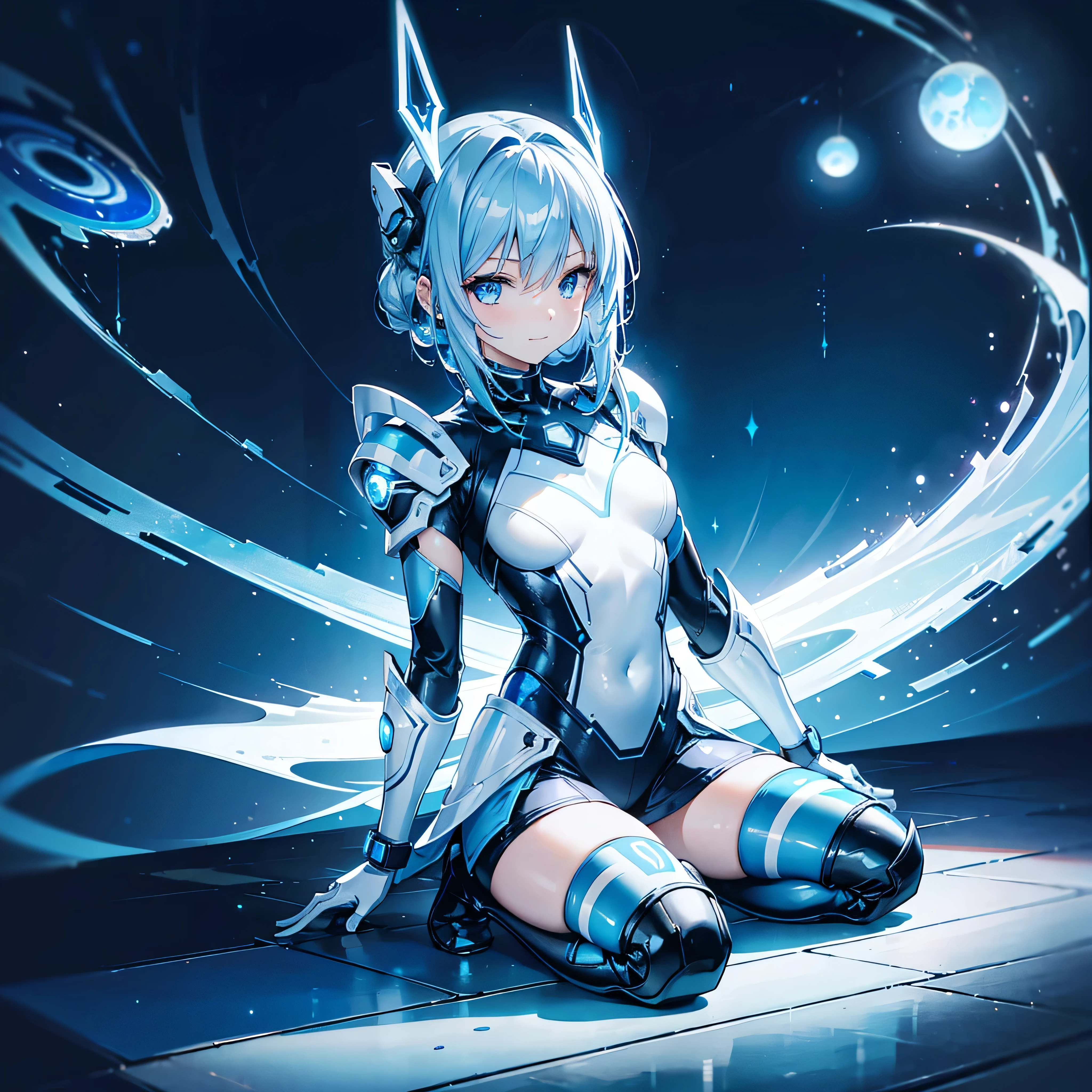 8k, Highest quality, (real:1.4), Original photo, 1 girl, Asari Hair, Biological Amplifier, Very sleek and futuristic armor, posture: Peace talks between warring factions,,attention arousal, smart blue eyes,A modest smile,Knee-high boots,Patent-look blue tights,Blue big moon and blue light swirl in the background,Blue light from behind,blue light magic,A small, glowing blue ball in the palm of your hand,Blue flame swirl,Blue Comet,Polished floor,