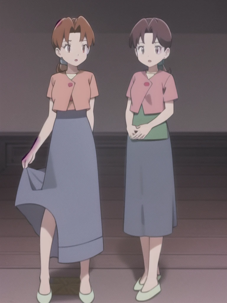 Delia_Ketchum 1girl, full body, looking at viewer, :d, open mouth, (extremely detailed CG unity 8k wallpaper), (masterpiece), (best quality), (ultra-detailed), (best illustration), (best shadow), (absurdres), finely detail, skirt, shirt, blue skirt, long skirt, pink shirt, slippers,