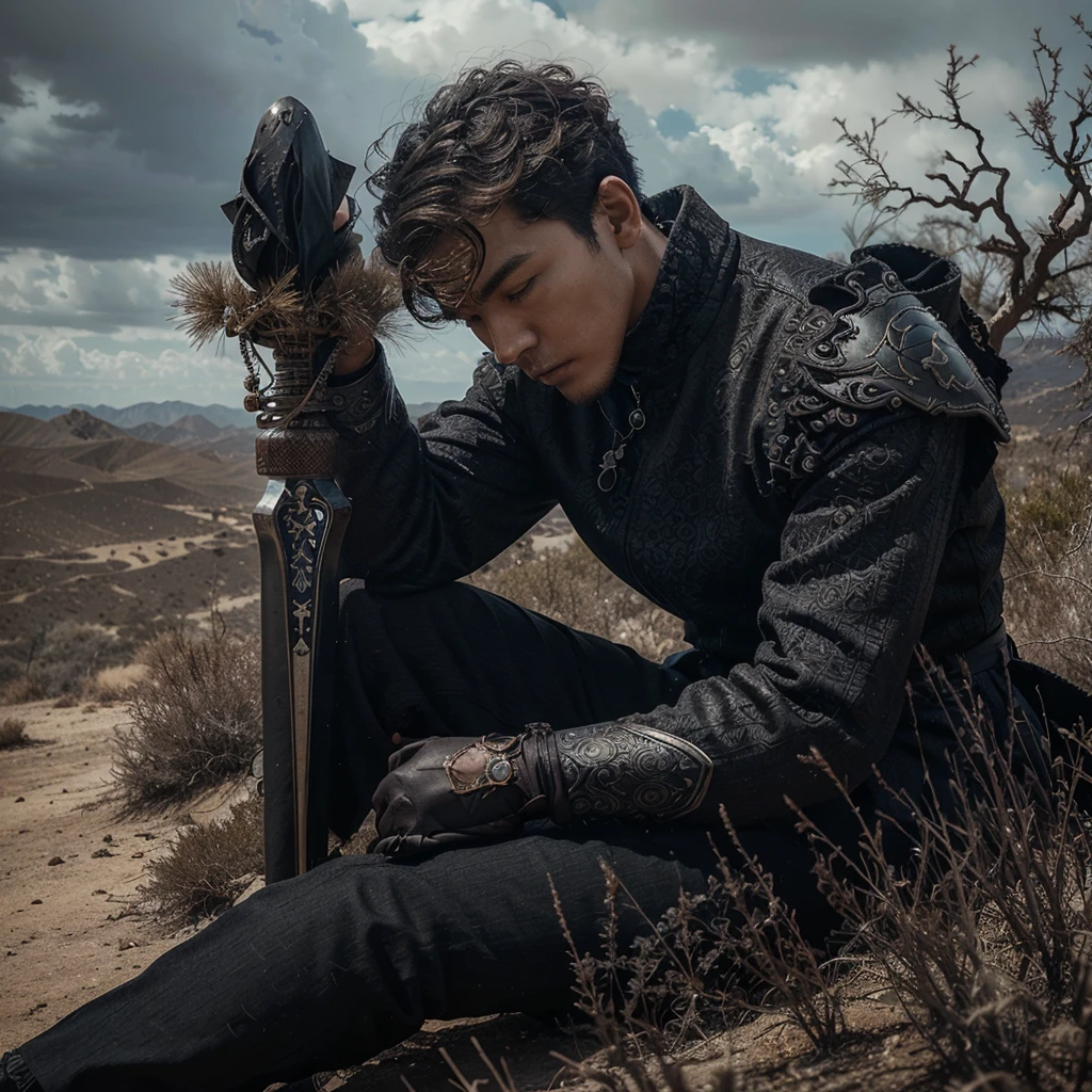 a hyperrealistic of a mysterious handsome korean man very short(curly)hair.seated in an arid landscape with dry grass and cracked earth under an overcast sky.his should be adorned in an elaborate black warrior armor with intricate lace details,welding big giant buster sword,he had his head bowed,leaning against a hill,foging a sense of melancholy.include a barren tree with a crescent-shaped ornament hanging from one of its branches.the scene’s desolate yet captivating atmosfer