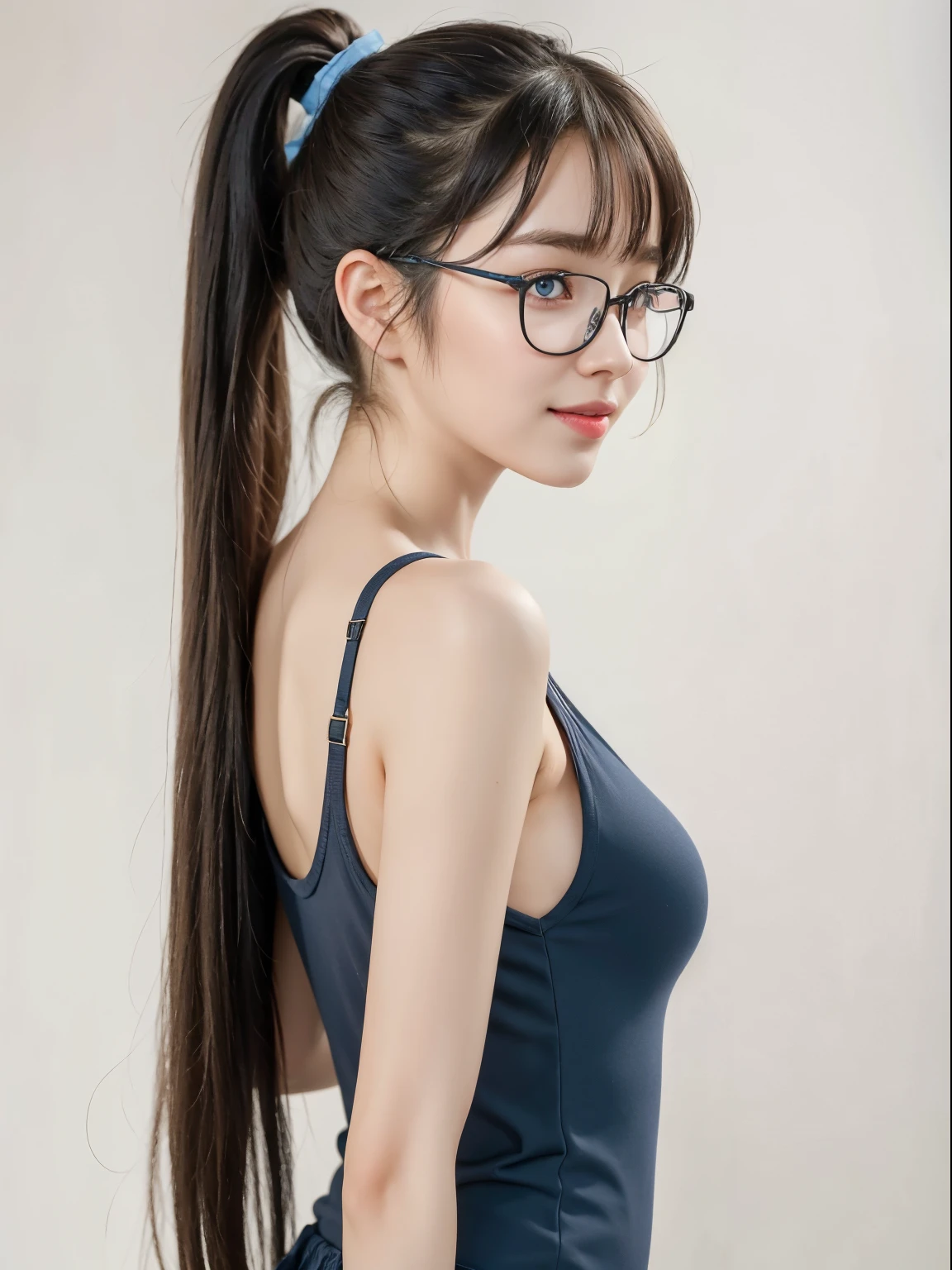 (Best quality, masterpiece, detailed), (RAW, 4k, hd images), shy, 1 girl, , white skin, long hair, ponytail, layers hair, bangs, black hair, beautiful girl, cute girl, sweet girl, pretty girl, perfect girl, pretty eyes, blue eyes, thin lips, thin, eye line, perfect round breast, glasses(detailed frame), simple background, smile, waist, thigh, tanktop, short pants, back side angle capture, half body, potrait, side breast,