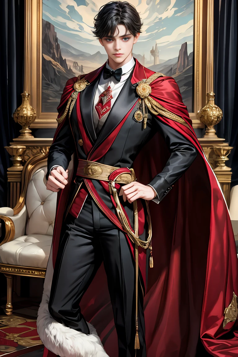masterpiece, 最high quality, high quality, 1 boy, alone, Male focus, Watching the audience, Messy black hair, Adorable big blue eyes, White people, Noble, Noble,Sexy voluminous black and red cape、Tuxedo、A very voluminous, large, very large, very large, long, long red and black cape with a high stand-up collar, reaching down to the floor, made of a lot of fabric., 17 years old,Cute beautiful boys,Cute, cute, kind, handsome guy
