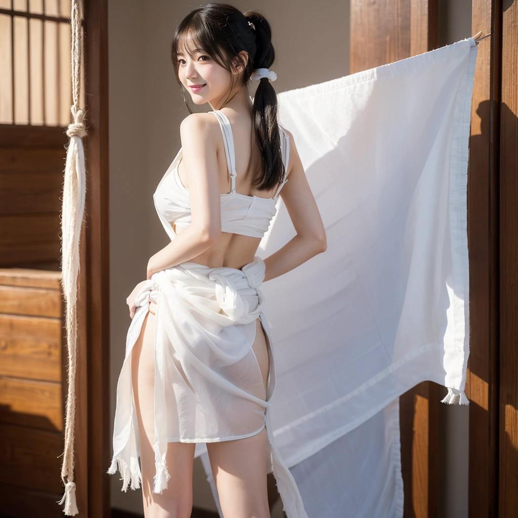 日本people、1people、The most beautiful woman、smile、Shyness、clear、Shiny black hair、((Standing with legs wide open))、Photo Style、length, bangs、Pigtails、light makeup、Standard face、(((Wearing a white Etchu loincloth)))、((Light clothing:0.5))、(She is hiding her breasts by wrapping a cloth around her chest.)、Summer festival、(((Her cute buttocks are clearly visible from behind))), 32K, Raw photo、Highest quality