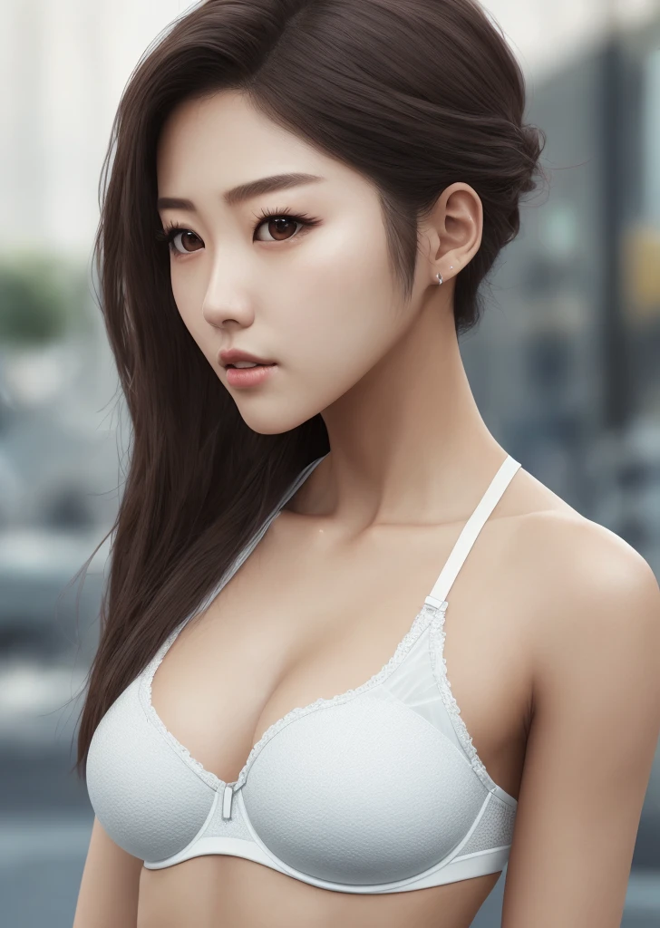 Natural photography of Seolhyun (KPop star), wearing fitness clothes, flowing hair, normal bust, showing bust, locks eyes into the camera, symmetrical eyes, symmetrical face, photorealistic, photography, path tracing, specular lighting, volumetric face light, path traced hair, visible shadows, intricate, elaborate, photo realistic, 8k, UHD, high textured skin, high details, highres, hyperrealistic, accurate, Sony FE 16-35mm, anatomically correct, perfect anatomy, white bra, white miniskirt, full body shot