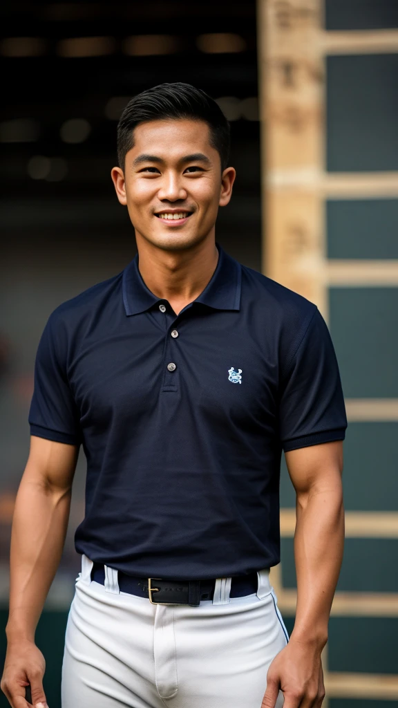 Thai man ,man,He is about 30 years old..,Rough and handsome appearance,large breastsj,Big waistline,buzz cut, angry, sullen, best quality, Masterpiece,(Have muscles:4.5),(best quality,high resolution,Masterpiece:1.2),The eyes are natural and delicate..,1 person,alone,gay asian,muscle,Long legs,brave,short hair details,conjunctivitis ,strong,brown eyes, (Ball Field :1.5),in the market,sit (dark blue polo shirt:1.3),Jeans ,smile