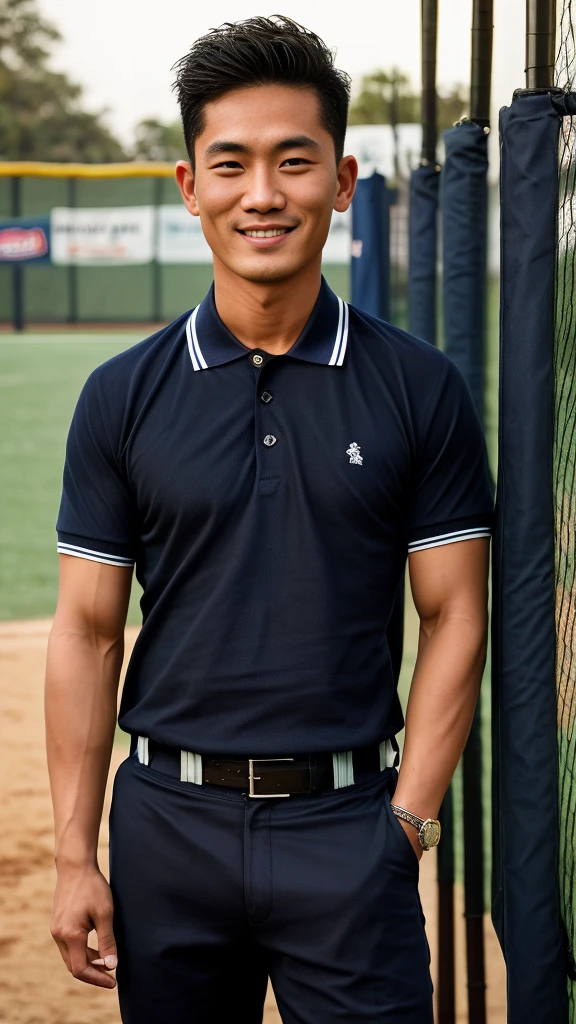 Thai man ,man,He is about 30 years old..,Rough and handsome appearance,large breastsj,Big waistline,buzz cut, angry, sullen, best quality, Masterpiece,(Have muscles:4.5),(best quality,high resolution,Masterpiece:1.2),The eyes are natural and delicate..,1 person,alone,gay asian,muscle,Long legs,brave,short hair details,conjunctivitis ,strong,brown eyes, (Ball Field :1.5),in the market,sit (dark blue polo shirt:1.3),Jeans ,smile