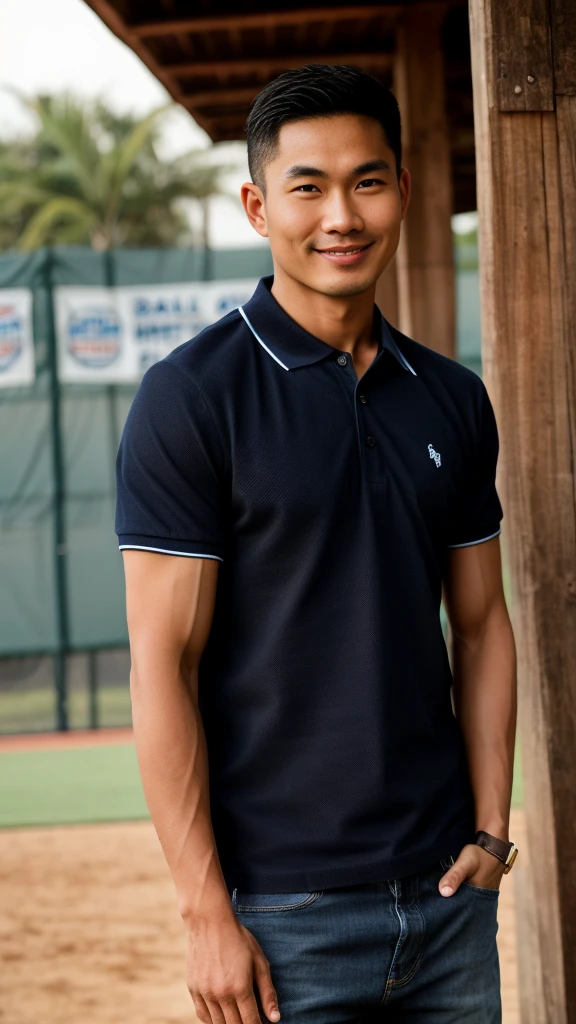 Thai man ,man,He is about 30 years old..,Rough and handsome appearance,large breastsj,Big waistline,buzz cut, angry, sullen, best quality, Masterpiece,(Have muscles:4.5),(best quality,high resolution,Masterpiece:1.2),The eyes are natural and delicate..,1 person,alone,gay asian,muscle,Long legs,brave,short hair details,conjunctivitis ,strong,brown eyes, (Ball Field :1.5),in the market,sit (dark blue polo shirt:1.3),Jeans ,smile