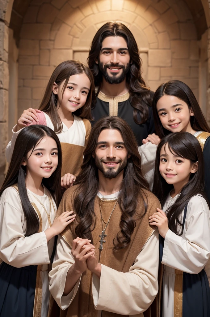 Create an artwork of Jesus smiling in the center, with children smiling all around, all wearing biblical time clothes. Jesus must have traditional physical characteristics: long brown hair, short beard, brunette skin, olhos gentis.