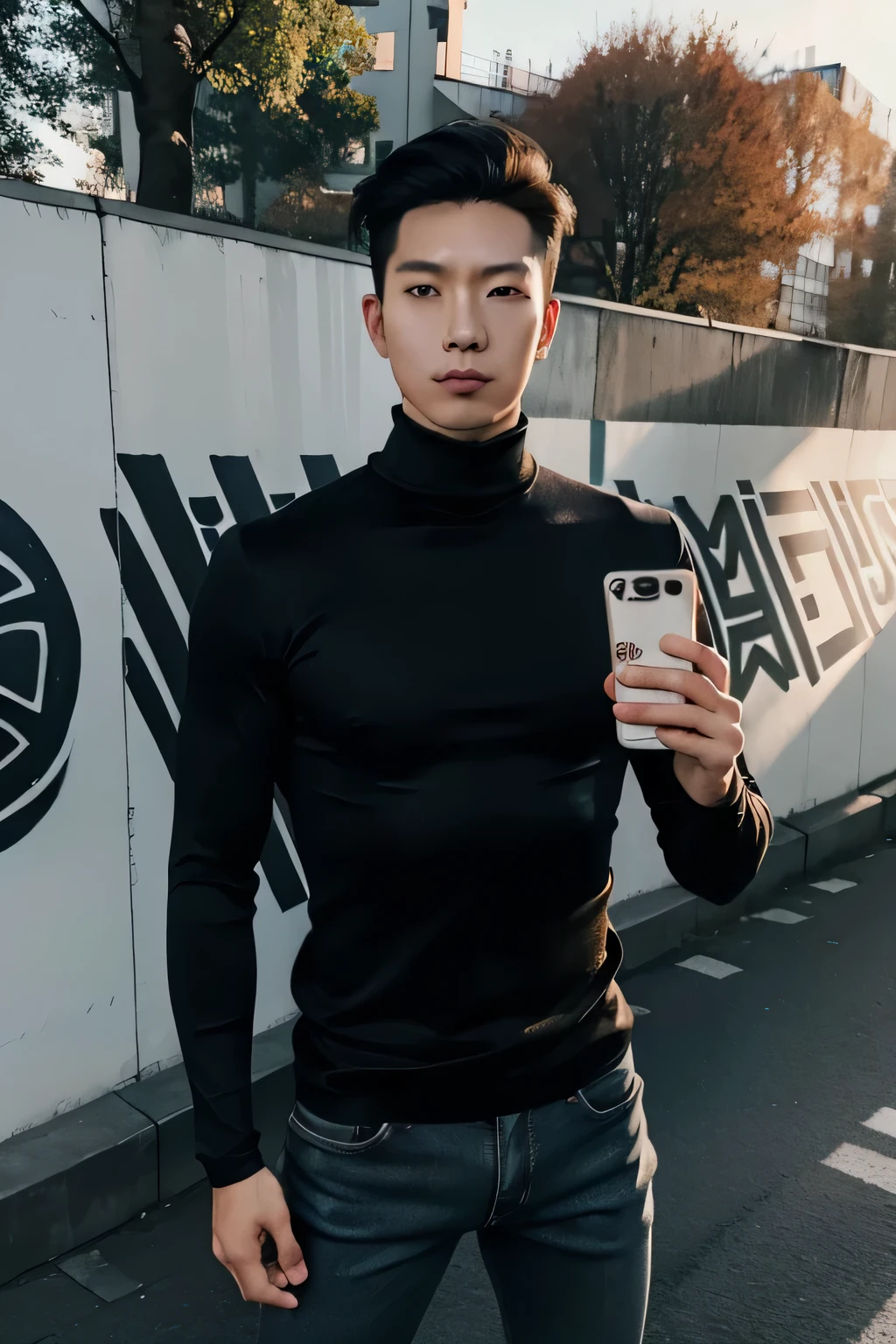 (lifelike, high quality: 1.3) handsome asian man, tall, turtleneck, skinny jeans, photography, dutch angle, outdoor, hair styled upwards, taking a selfie in front of the Berlin wall, holding nothing in hand