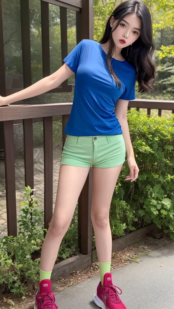 a very cute girl, solo, young, wearing blue t shirt and short pants, medium breast, standing, long hairs, red lips, at forest, realistic face, full body, green shoes