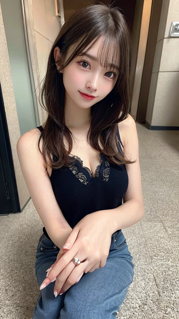,(tareme:1.4),kind eyes,huge ,(beautiful young japanese woman),straight hair,look at viewer,off-the -shoulder,blouse,short skirt,shiny skin,light make-up,fellatie,sitting on sofa at cafe,24 years old,tender smile,laced undies,(spreadis:1.3),no make-up,thick thighs,hands up,from below,pussy focus
