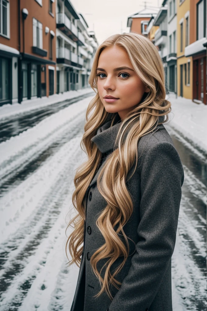 proFessional portrait photograph oF a gorgeous Norwegian girl in winter clothing with long wavy blonde hair, sultry Flirty look, gorgeous symmetrical Face, lindo maquillaje natural, wearing elegant warm winter Fashion clothing, ((parado afuera en una calle nevada de la ciudad)), impresionante entorno urbano moderno, ultra realista, Arte conceptual, elegant, muy detallado, Intrincado, sharp Focus, depth oF Field, F/1. 8, 85mm, tiro medio, plano medio, (((proFessionally color graded))), bright soFt diFFused light, (volumetric Fog), tendencia en instagram, hdr 4k, 8K