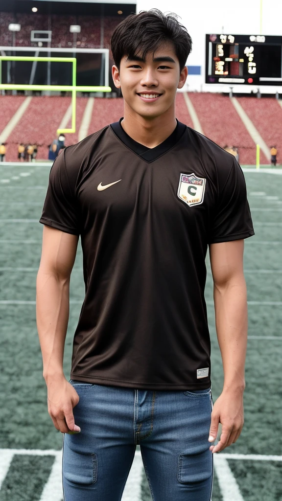 single: 1.5, (ที่TRUEแล้ว, Masterpiece, 8k HD, good light quality, sportswear, to fit the face, complicated details), A handsome Korean man with muscular arms.. , 20 years old, be happy, smile brightly, detailed face, delicate eyes, look at the sky, Wear a tight brown t-shirt.:1.6 ,Wear a denim coat.., Jeans era, black eyes, Black hair color, ผมsmooth, smooth，SurTRUE，Excellent details，Highest quality，TRUE，Open your mouth to talk.. , Close your eyes.., (standing in the football field:1.5)