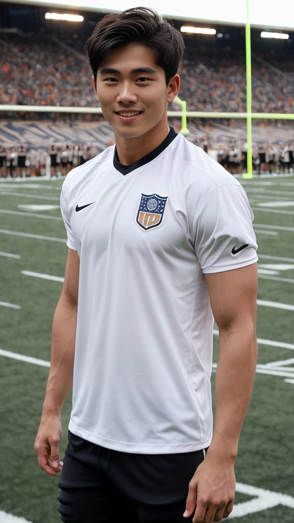 single: 1.5, (ที่TRUEแล้ว, Masterpiece, 8k HD, good light quality, sportswear, to fit the face, complicated details), A handsome Korean man with muscular arms.. , 20 years old, be happy, smile brightly, detailed face, delicate eyes, look at the sky, Wear a tight brown t-shirt.:1.6 ,Wear a denim coat.., Jeans era, black eyes, Black hair color, ผมsmooth, smooth,SurTRUE,Excellent details,Highest quality,TRUE,Open your mouth to talk.. , Close your eyes.., (standing in the football field:1.5)