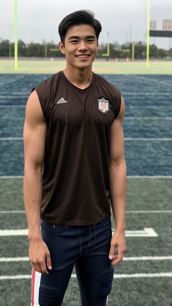 single: 1.5, (ที่TRUEแล้ว, Masterpiece, 8k HD, good light quality, sportswear, to fit the face, complicated details), A handsome Korean man with muscular arms.. , 20 years old, be happy, smile brightly, detailed face, delicate eyes, look at the sky, Wear a tight brown t-shirt.:1.6 ,Wear a denim coat.., Jeans era, black eyes, Black hair color, ผมsmooth, smooth,SurTRUE,Excellent details,Highest quality,TRUE,Open your mouth to talk.. , Close your eyes.., (standing in the football field:1.5)