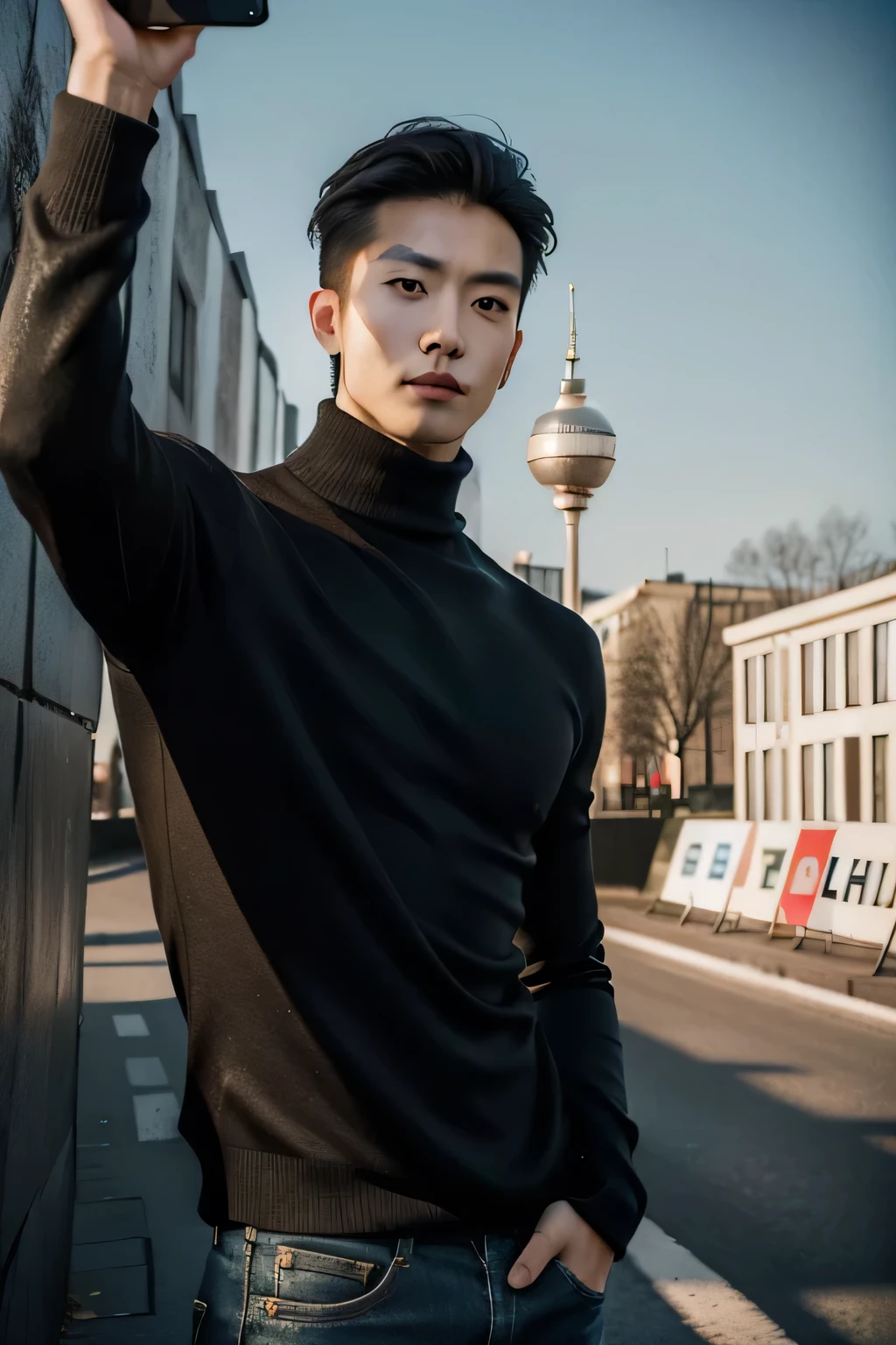 (lifelike, high quality: 1.3) handsome asian man, tall, turtleneck, skinny jeans, photography, dutch angle, outdoor, hair styled upwards, taking a selfie in front of the Berlin wall, holding nothing in hand