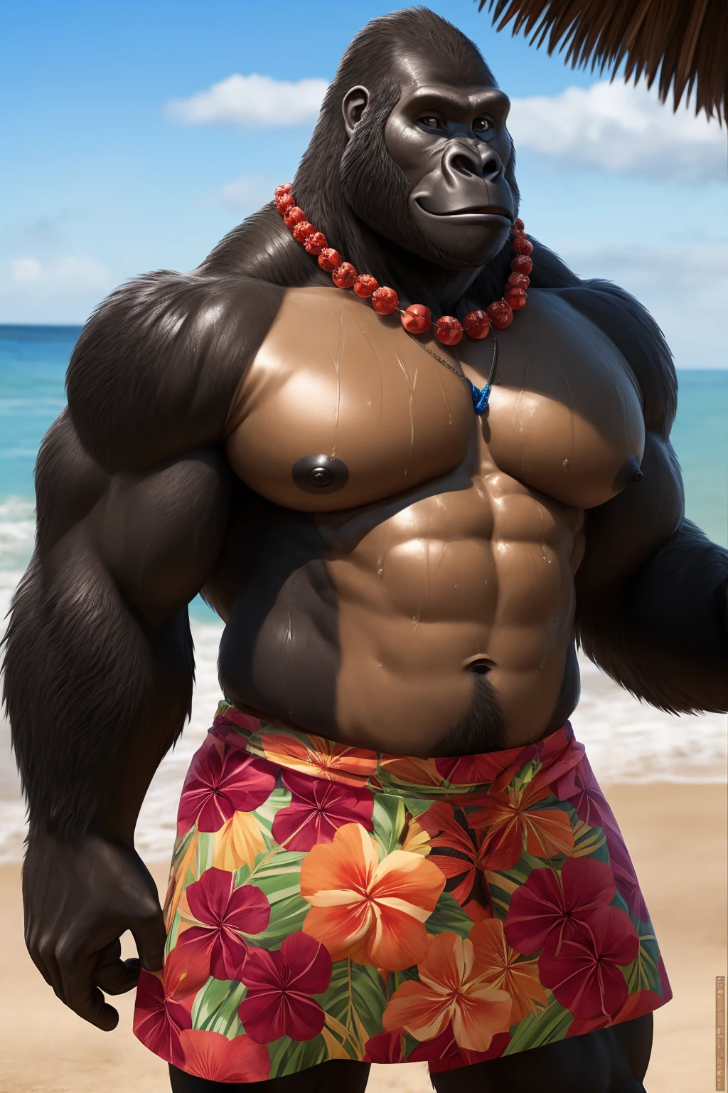 male gorilla, muscular athletic, posing sensually, sexy, wearing hawaiian skirt, wearing a flower necklace, naked torso, during the day, on the beach, NSFW, whole body, WET BODY, well detailed, Good quality, big body.