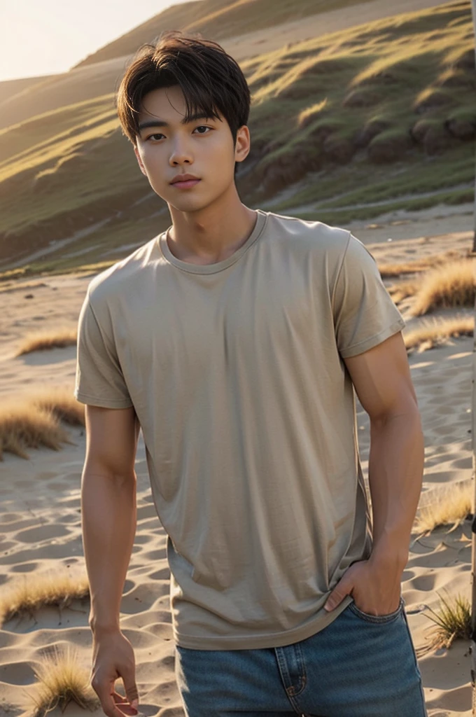 A handsome, muscular young Asian man looks at the camera. In a simple gray polo shirt , By the restaurant, mouth open and smiling